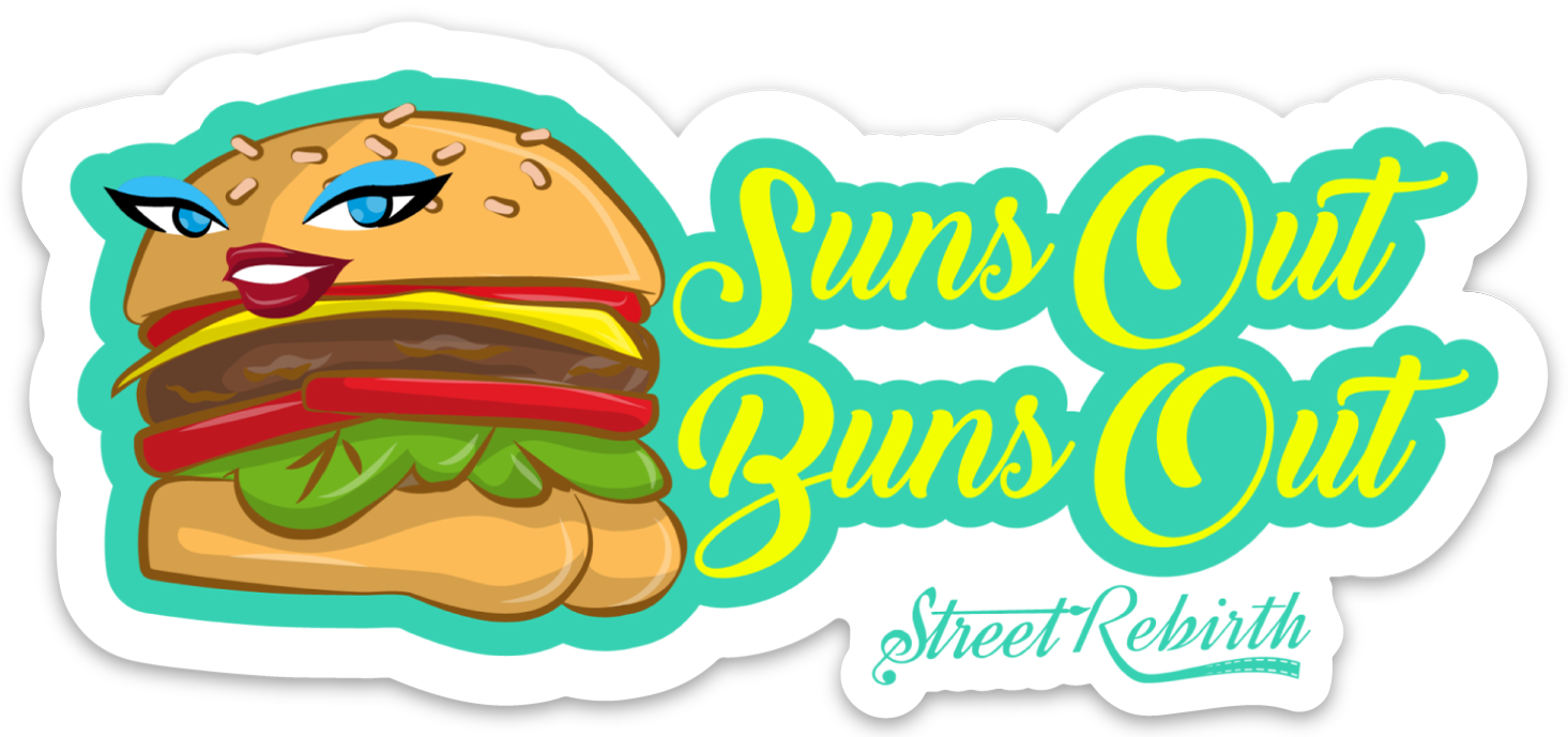 SUNS OUT BUNS OUT PUN STICKER – ONE 4 INCH WATER PROOF VINYL STICKER – FOR HYDRO FLASK, SKATEBOARD, LAPTOP, PLANNER, CAR, COLLECTING, GIFTING