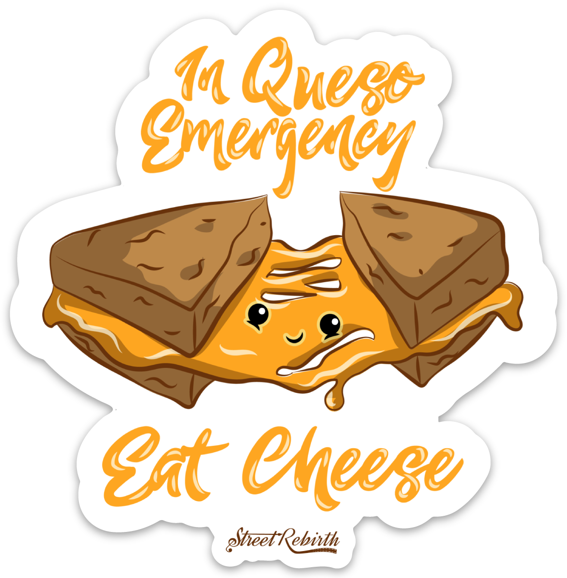 IN QUESQ EMERGENCY EAT CHEESE PUN STICKER – ONE 4 INCH WATER PROOF VINYL STICKER – FOR HYDRO FLASK, SKATEBOARD, LAPTOP, PLANNER, CAR, COLLECTING, GIFTING