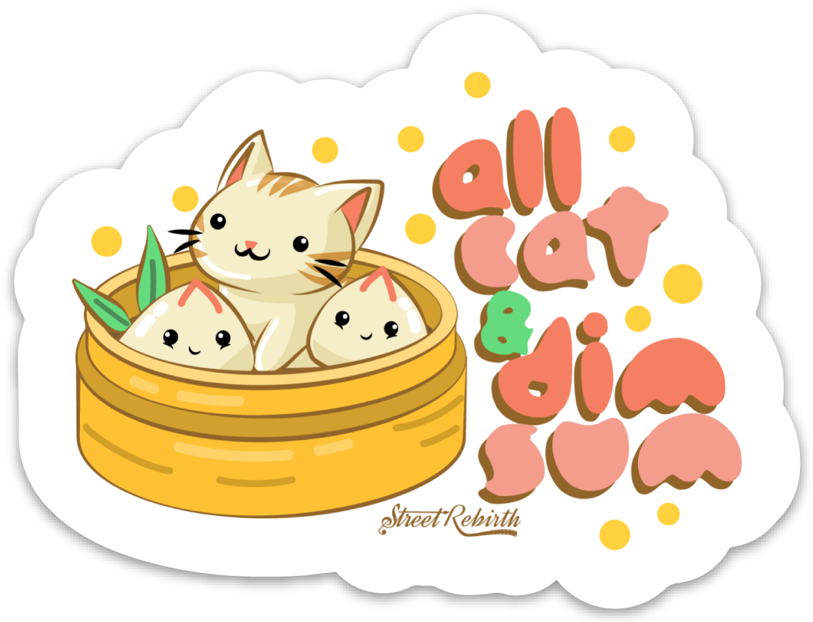 ALL CAT & DIM SUM PUN STICKER – ONE 4 INCH WATER PROOF VINYL STICKER – FOR HYDRO FLASK, SKATEBOARD, LAPTOP, PLANNER, CAR, COLLECTING, GIFTING