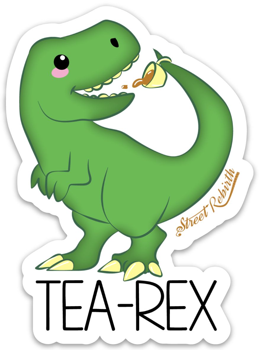 TEA-REX PUN STICKER – ONE 4 INCH WATER PROOF VINYL STICKER – FOR HYDRO FLASK, SKATEBOARD, LAPTOP, PLANNER, CAR, COLLECTING, GIFTING
