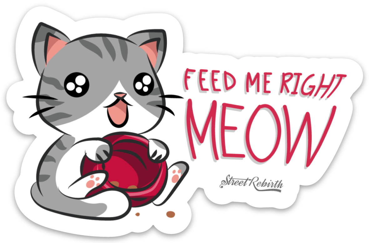 FEED ME RIGHT MEOW PUN STICKER – ONE 4 INCH WATER PROOF VINYL STICKER – FOR HYDRO FLASK, SKATEBOARD, LAPTOP, PLANNER, CAR, COLLECTING, GIFTING