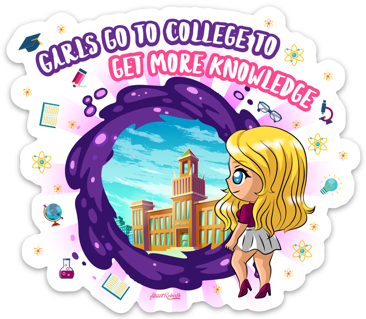GARLS GO TO COLLEGE TO GET MORE KNOWLEDGE PUN STICKER – ONE 4 INCH WATER PROOF VINYL STICKER – FOR HYDRO FLASK, SKATEBOARD, LAPTOP, PLANNER, CAR, COLLECTING, GIFTING
