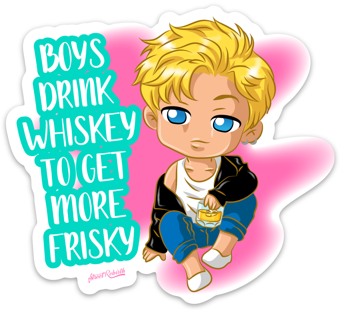 BOYS DRINK WHISKEY TO GET MORE FRISKY PUN STICKER – ONE 4 INCH WATER PROOF VINYL STICKER – FOR HYDRO FLASK, SKATEBOARD, LAPTOP, PLANNER, CAR, COLLECTING, GIFTING